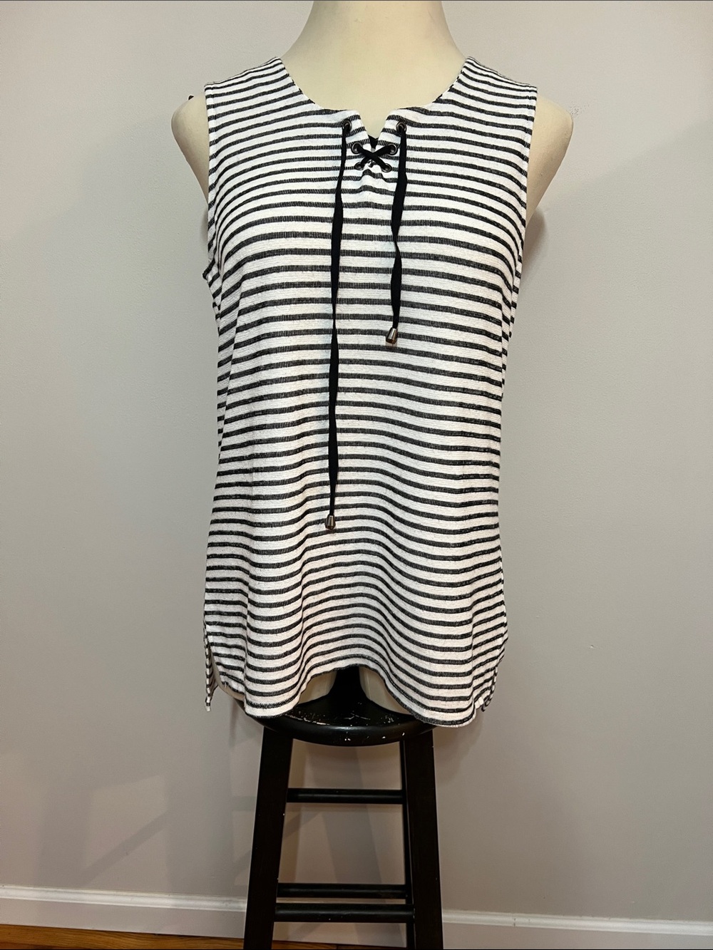 Christopher & Banks Black & White Striped Sleeveless Tunic High Low Hem Top - Picture 3 of 13